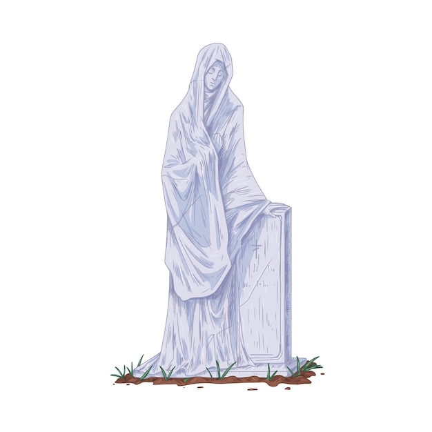 Надгробие со скульптурой женщины в горе. Винтажная надгробная плита и готическая каменная статуя. Христианское надгробие гробницы. Ручная цветная векторная иллюстрация старой могилы на белом фоне.