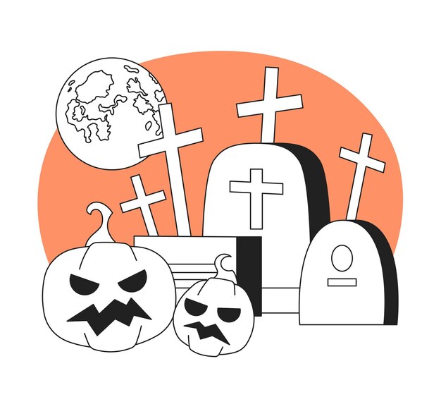 Gravestones pompoenen met volle maan monochrome concept vector spot illustratie begraafplaats spooky jack o lanterns 2D platte bw cartoon scène voor web UI design geïsoleerde bewerkbare handgetekende held afbeelding
