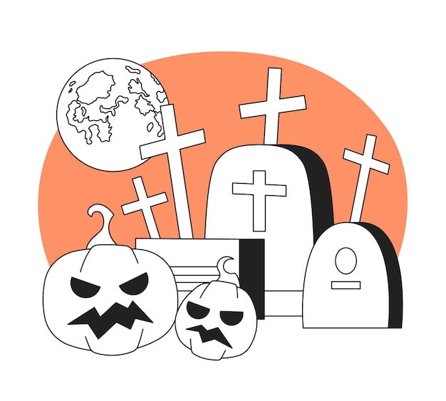 Gravestones pumpkins with full moon monochrome concept vector spot illustration Cemetery spooky jack o lanterns 2D flat bw cartoon scene for web UI design Isolated editable hand drawn hero image