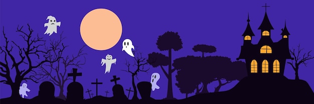 Graveyard and high spooky castle on top cemetery with skulls and moon pumpkins with lights and ghosts Halloween landscape scene small boneyard with tombstones and dry trees Cartoon vector