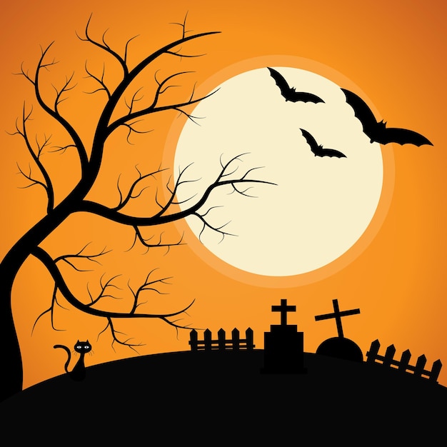 Кладбище с жутким деревом под лунным светом на фоне Хэллоуина