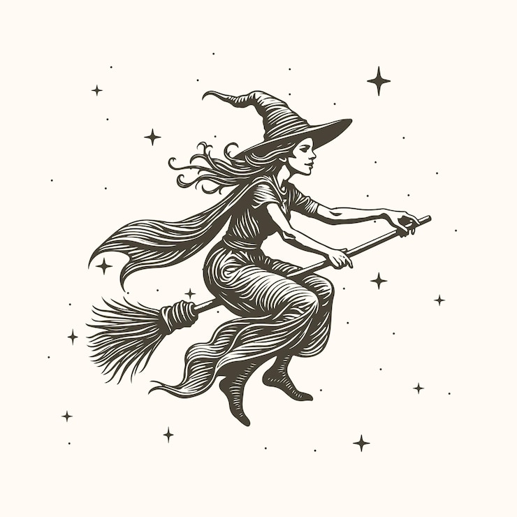 Vector gravure stijl happy witch vector kunst van heks op bezemstok