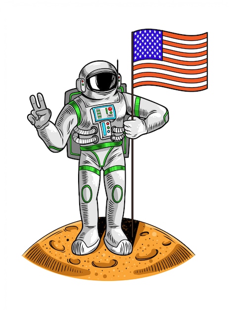 Gravure tekenen met astronaut ruimtevaarder op maan houden amerikaanse vlag markeren de eerste vlucht van mens op maan ruimteprogramma apollo. vintage cartoon karakter illustratie om af te drukken op een t-shirt