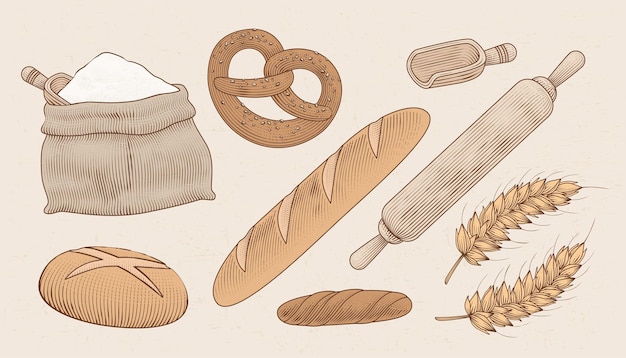 Gravure van illustraties van broodbakgerei en grondstoffen voor het maakproces