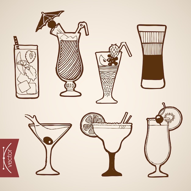 Gravure van vintage hand getrokken cocktails en alcohol bar collectie. Potloodschets mojito, B52, tequila, bloody Mary korte longdrink