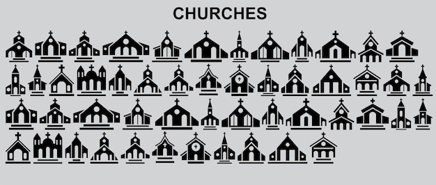 A gray background with a lot of buildings with the word churches on it.