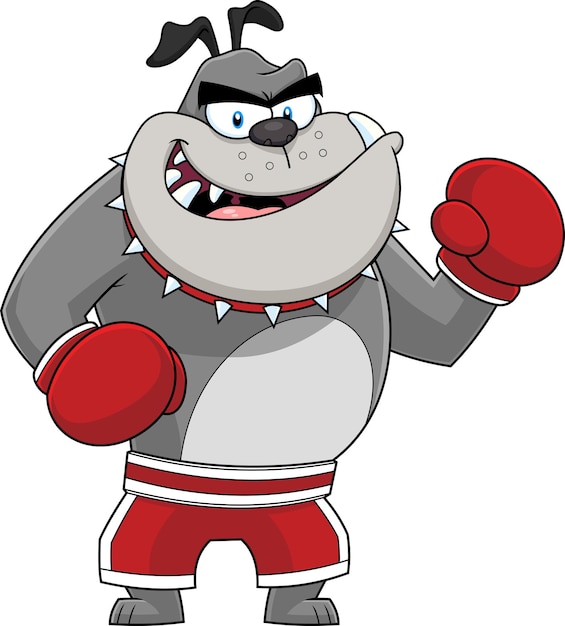 Vector gray bulldog cartoon character boxer ready to fight. vector hand drawn illustration