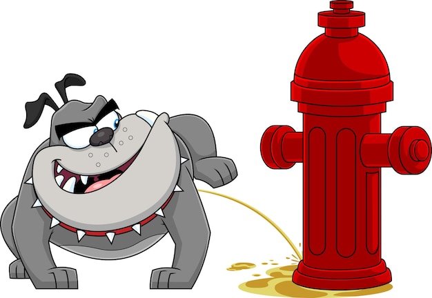 Personaggio mascotte dei cartoni animati bulldog grigio che fa pipì su un idrante antincendio. illustrazione disegnata a mano di vettore