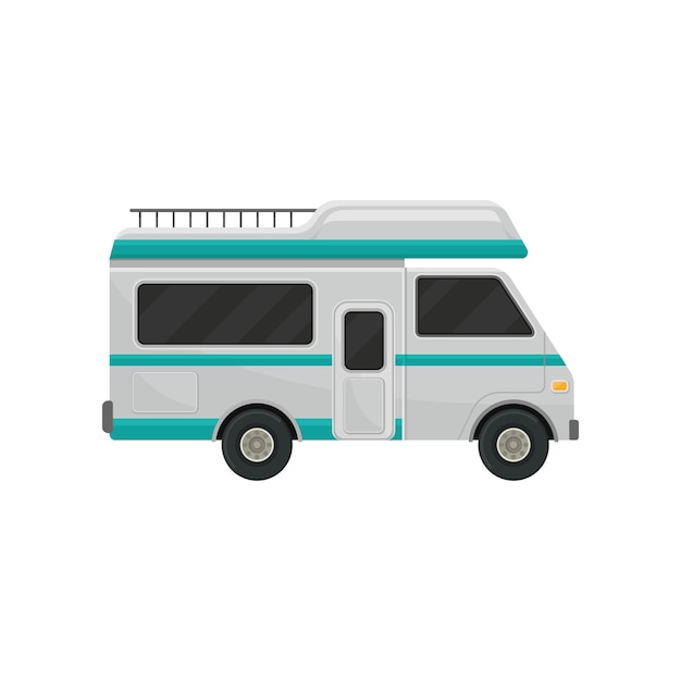 Gray camper truck with turquoise stripes and black tinted windows Recreational vehicle Comfort car for family travel Flat vector