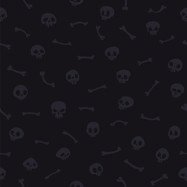 Gray Cartoon Skulls on Black Background Seamless Pattern