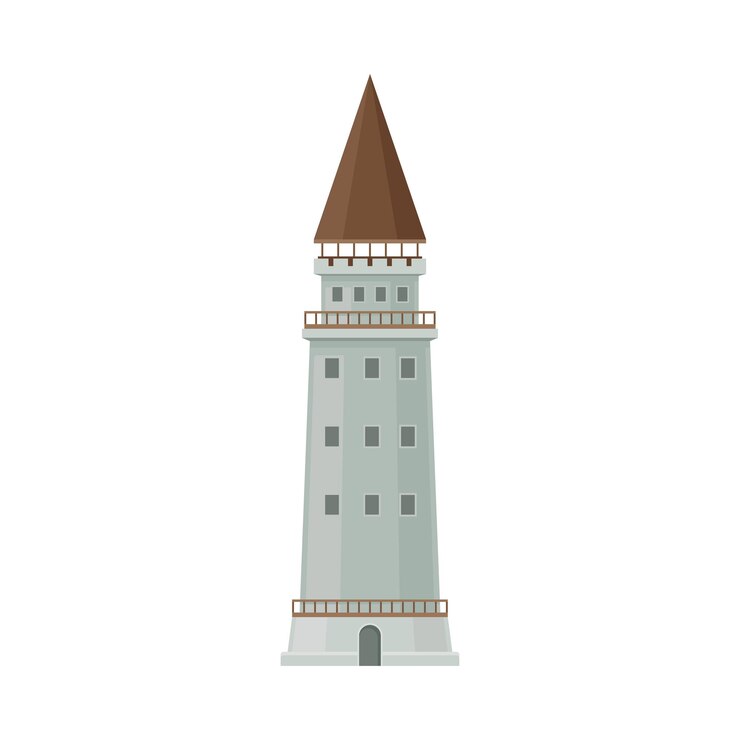 Vector 灰色城堡塔,白色背景上有棕色屋頂向量插圖