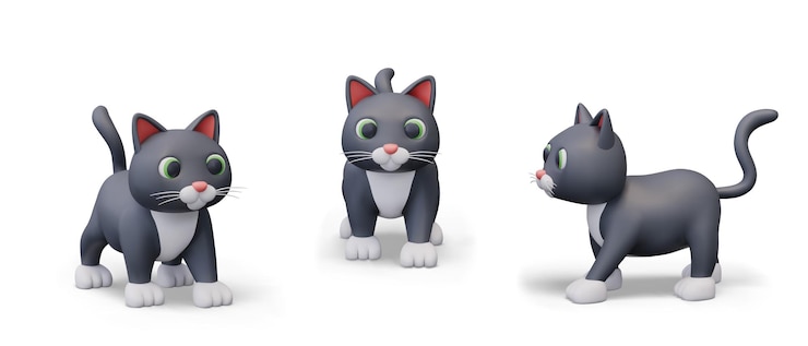 Vector gray cat in cartoon style 3d model of domestic animal fluffy pet view from different sides