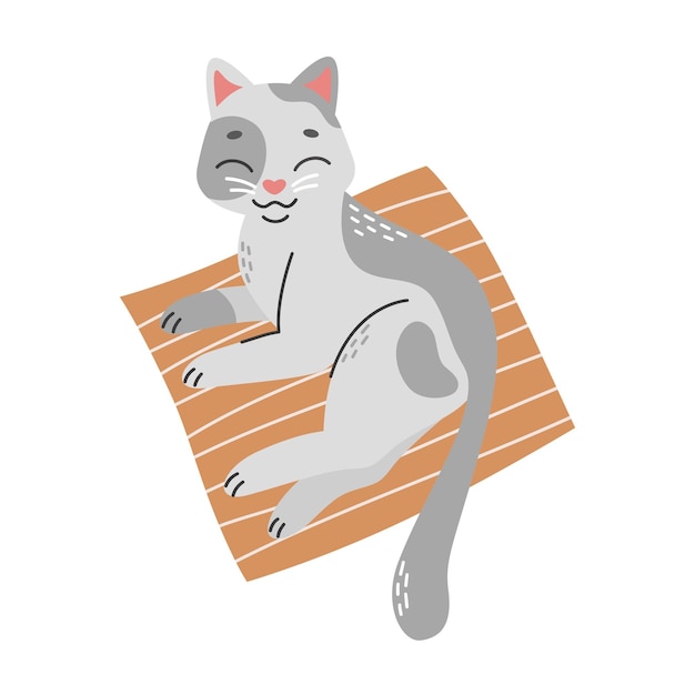 Gray cat lies on the matsleepingPetsFlat cartoon vector illustration isolated on a white background