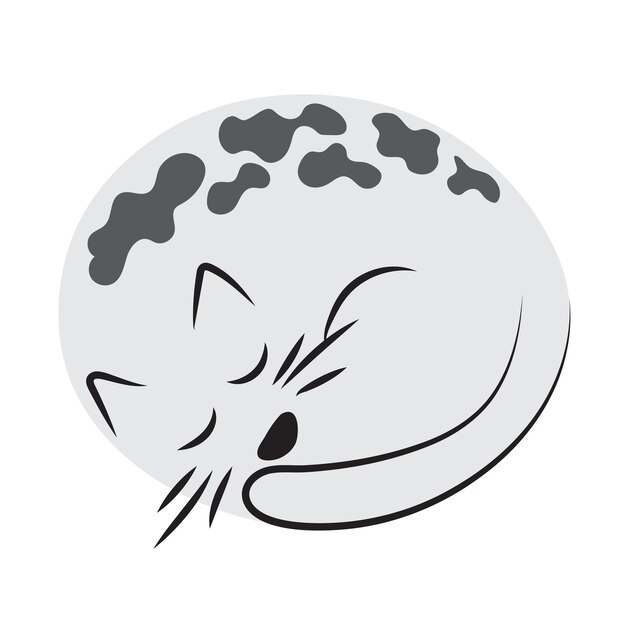 뻗은 발 클립 아트 로고 디자인이 있는 타원형 잠자는 애완 동물 모양의 회색 고양이