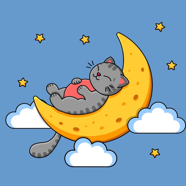 The gray cat sleeps on the moon Sky stars and clouds Childrens print Vector illustration