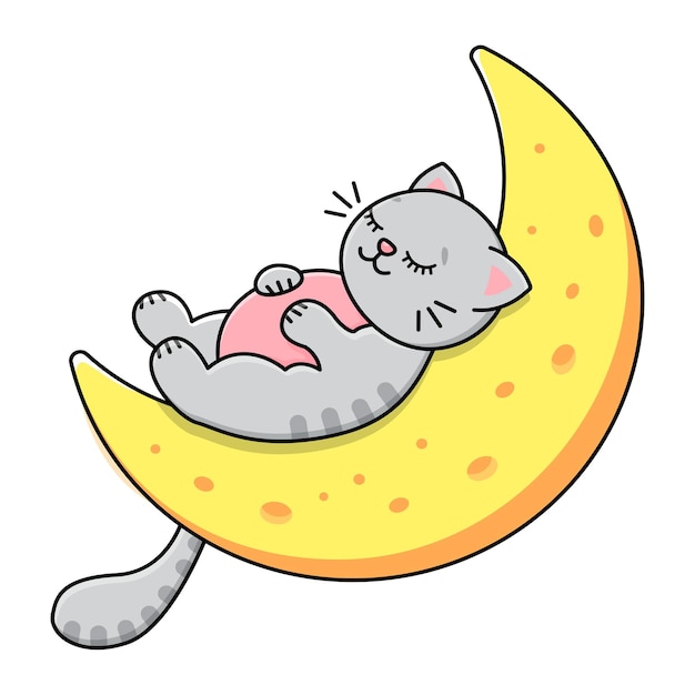 The gray cat sleeps on the moon Sky stars and clouds Childrens print Vector illustration