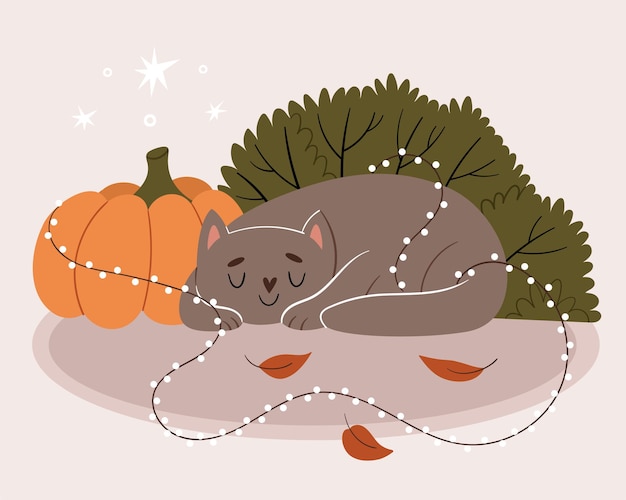 Il gatto grigio dorme vicino alla zucca. il gatto è impigliato in una ghirlanda di capodanno. atmosfera autunnale.