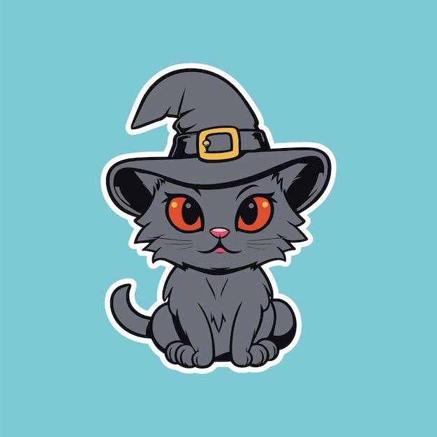 Gray Cat Wearing Witch Hat on Blue