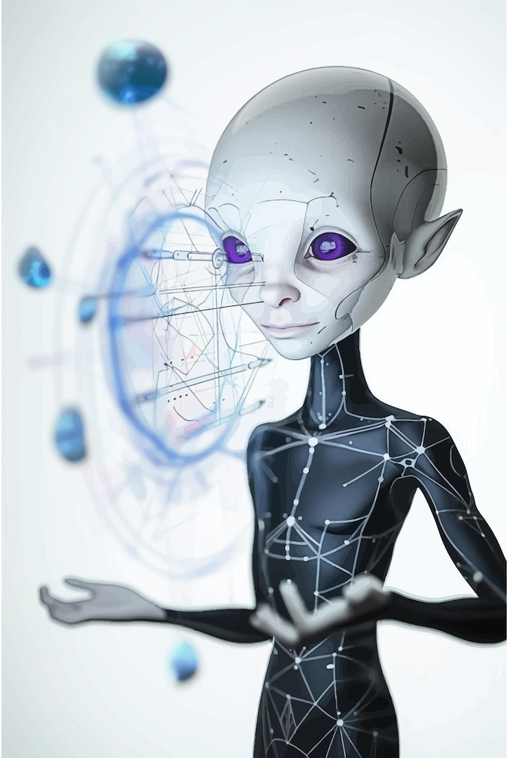 Vector gray child alien projecting data