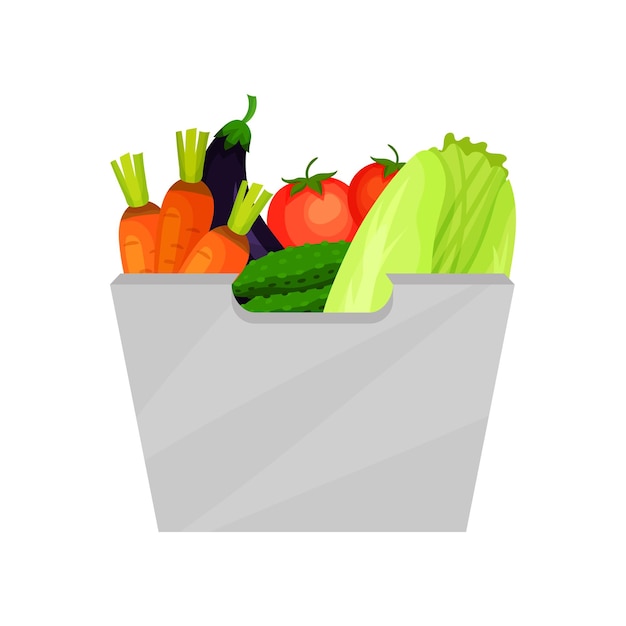 熟した野菜が入った灰色の容器自然で健康的な製品有機食品フラットベクトルアイコン