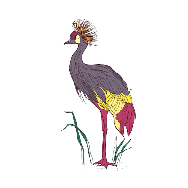 Gray-crowned crane, crested african tropical bird. exotic\
jungle animal. realistic drawing of balearica pavonina with\
multicolour feathers. hand-drawn vector illustration isolated on\
white background