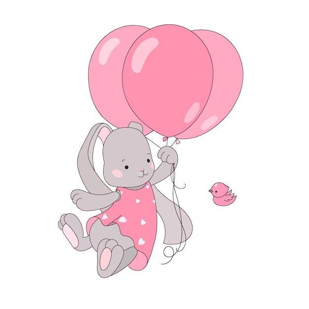 Gray cute rabbit on the pink air balloon and the bird that flies next to him