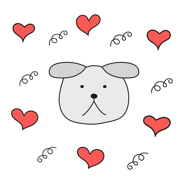Gray dog with hearts in style of doodles