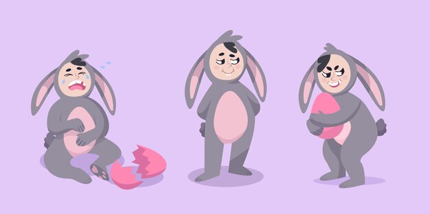 Vector gray easter bunny. a child in a rabbit costume hunts eggs for easter