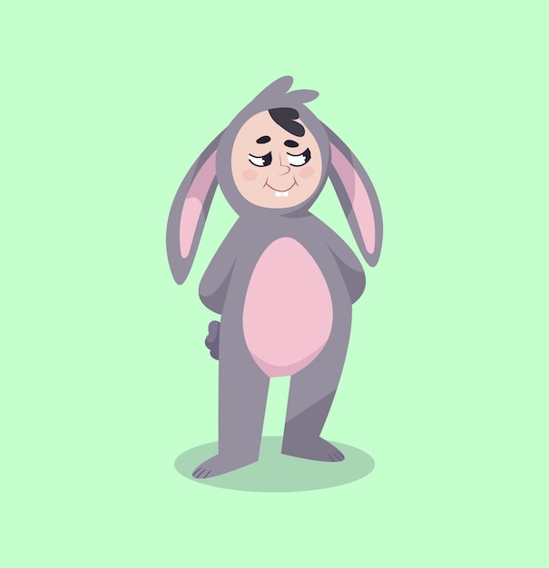 Vector gray easter bunny. a child in a rabbit costume hunts eggs for easter