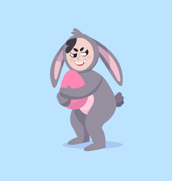 Vector gray easter bunny. a child in a rabbit costume hunts eggs for easter