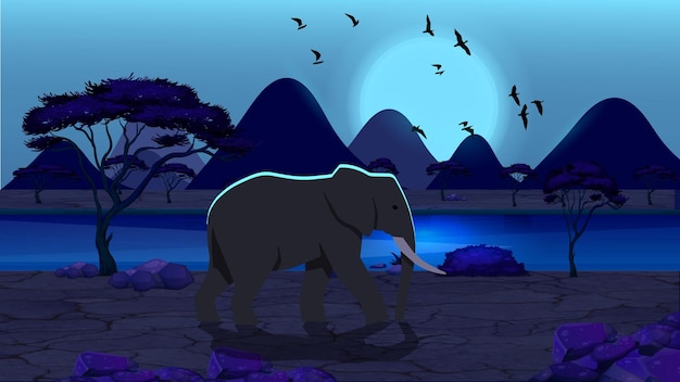 Gray elephant walking in the park at night
