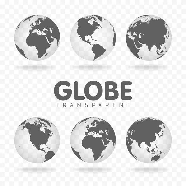 Gray globe icons with different continents