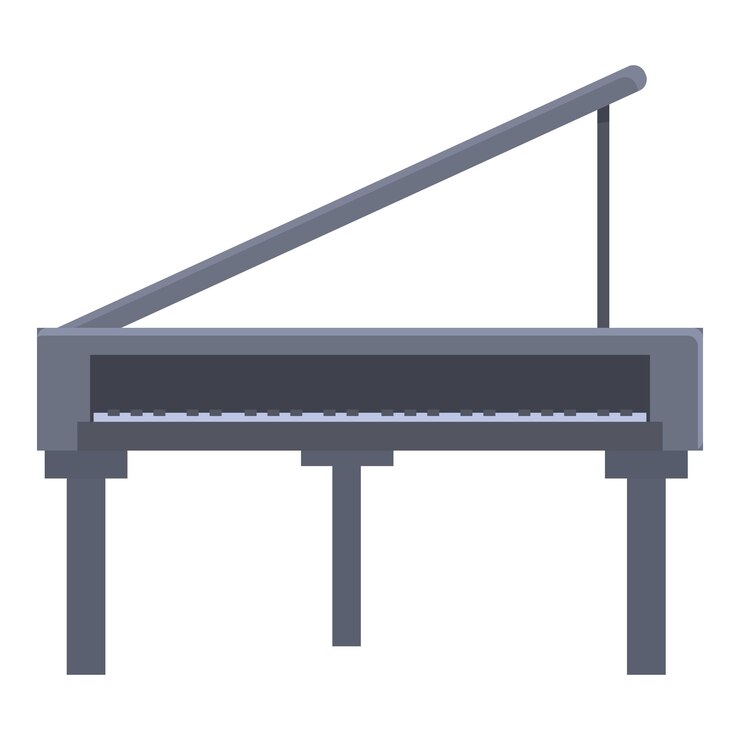 Vector gray grand piano standing with open top on white background