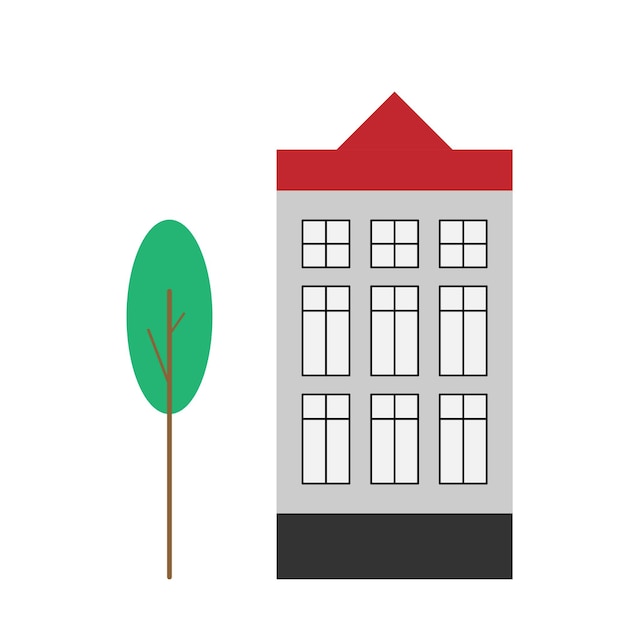 A gray house with a red roof in a flat style. Vector illustration with a town house.