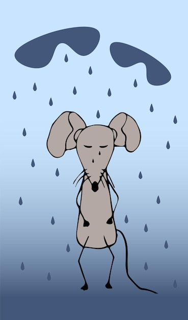 Vettore mouse grigio triste e piovoso illustrazione emotiva del bambino in stile doodle a colori vettore