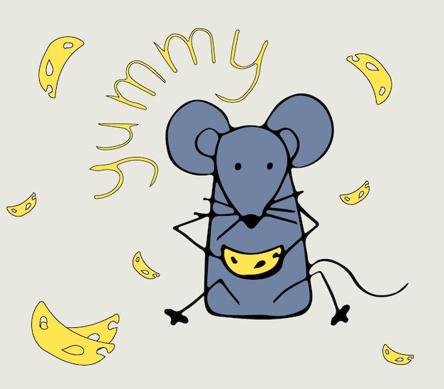 Gray Mouse sits and eats Cheese Emotional baby illustration in color doodle style vector