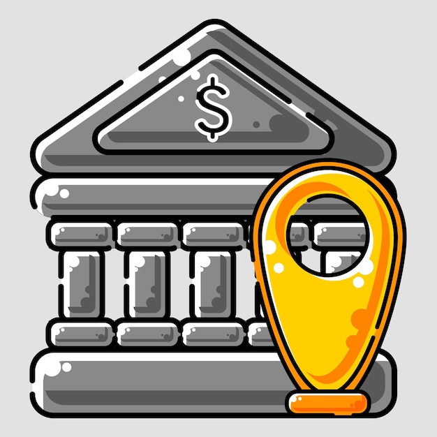 Gray and orange building with a shield and dollar sign