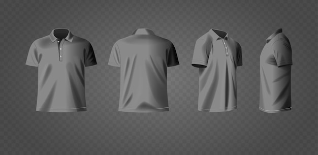 gray polo shirt mockup displaying front back side angles and button detailing for presentation