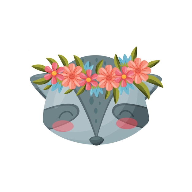 Вектор Серый енот с цветочным венком на белом фоне флора и фауна концепция природы и животных цвет милое млекопитающее векторная плоская иллюстрация