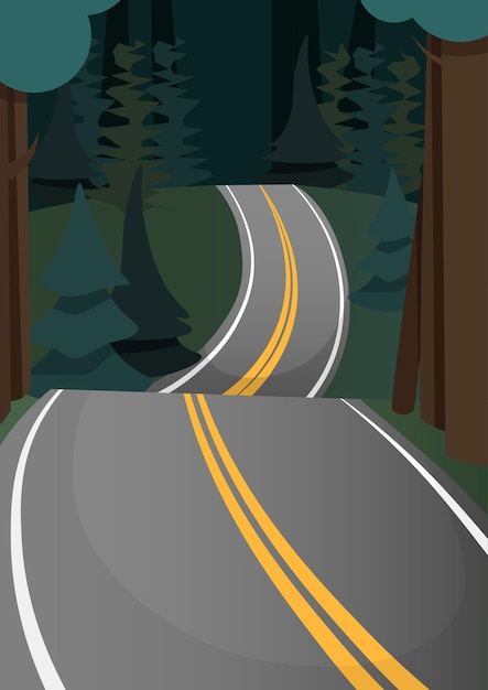 Vector a gray road with two yellow stripes in the middle of a dark green forest with fir trees