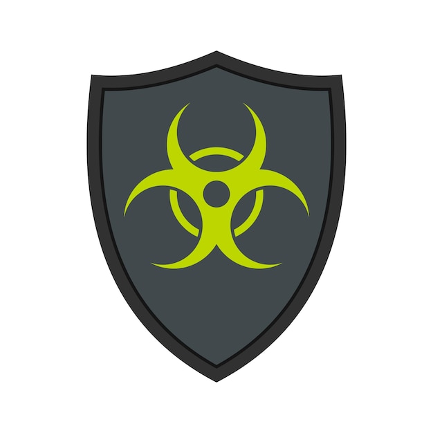 Vector gray shield with a biohazard sign icon in flat style on a white background