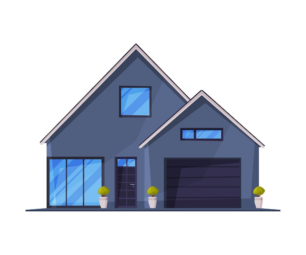 gray small cottage facade with garage city or country street building residential house real estate flat vector illustration