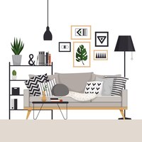 Gray sofa with a coffee table and rack with a floor lamp in scandinavian style. with pictures, plants and pillows. part of the living room.
