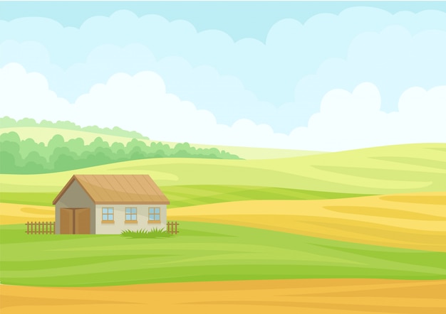 Vector gray stone barn on a green meadow.