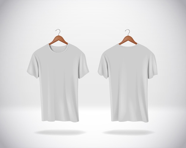 Вектор Серые футболки мокап одежды висит изолированно на стене, вид спереди и сзади.