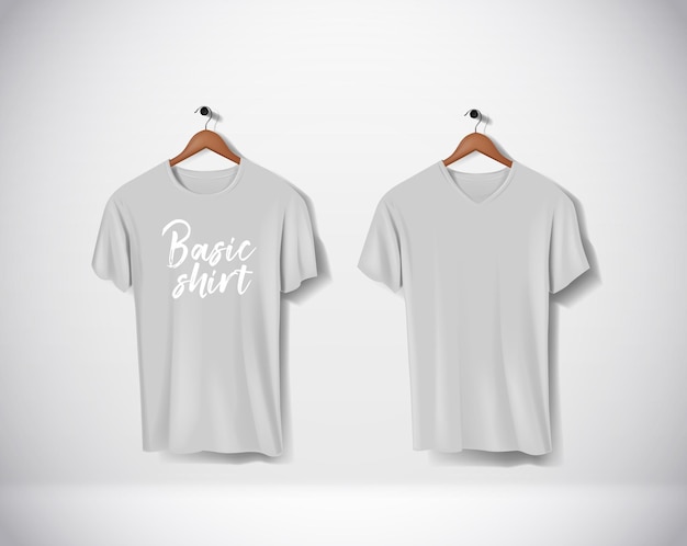 Vector gray tshirts mockup clothes with lettering an v and round neck hanging on wall