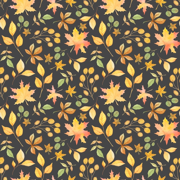 Vector gray vector seamless pattern with watercolor yellowing autumn leaves