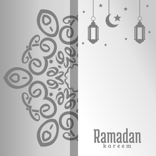 Uno sfondo grigio e bianco con un design argento e nero che dice ramadan kareem.