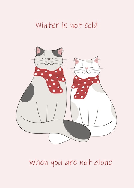 Gray and white cats sitting together in red scarves. Winter greeting card