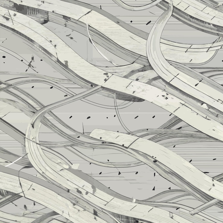 Vector a gray and white picture of a road with a line of tracks and a line of cars